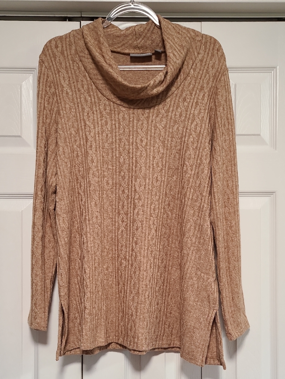 Susan Graver Lifestyle Cowl Neck Sweater Tan Camel sz L Top Knit Long Sleeve